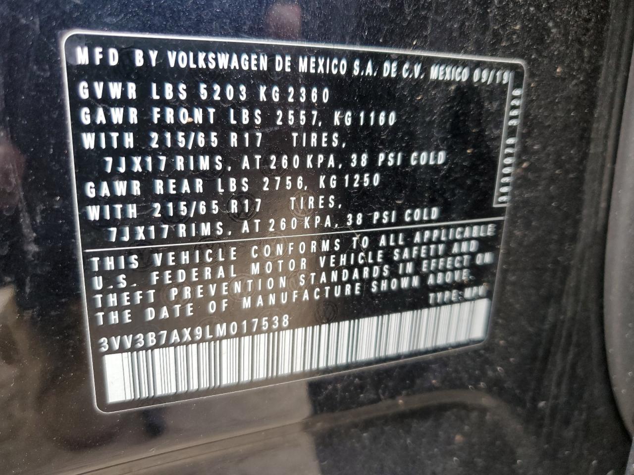 2020 Volkswagen Tiguan Se VIN: 3VV3B7AX9LM017538 Lot: 71480935