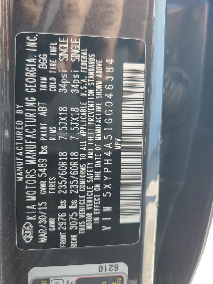 2016 Kia Sorento Ex VIN: 5XYPH4A51GG046384 Lot: 72011175