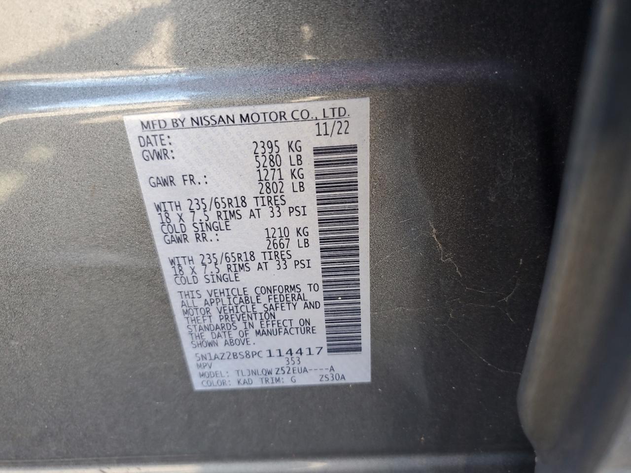 2023 Nissan Murano Sv VIN: 5N1AZ2BS8PC114417 Lot: 81265115