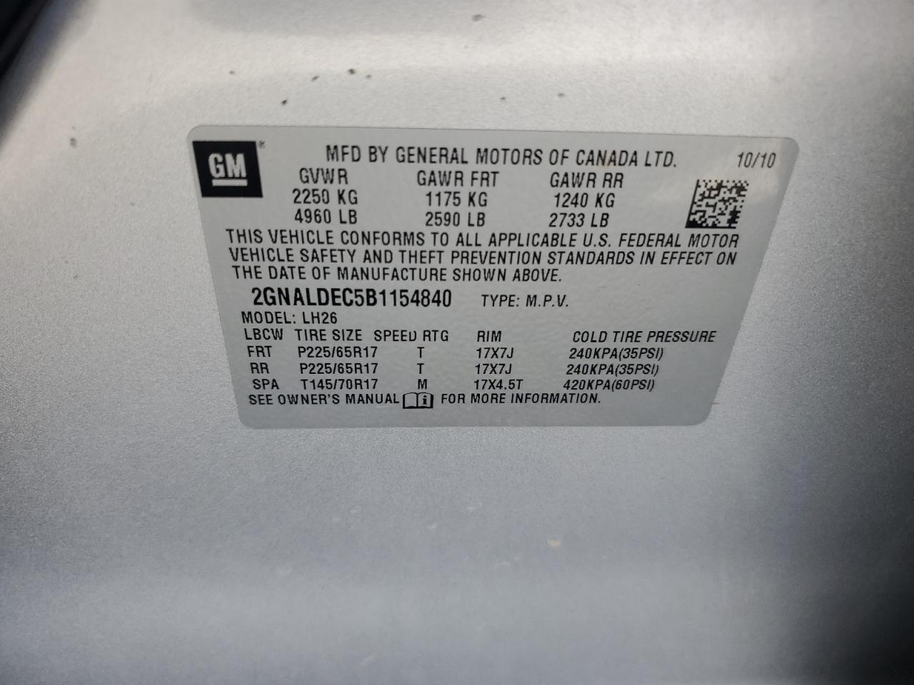 2011 Chevrolet Equinox Lt VIN: 2GNALDEC5B1154840 Lot: 84001615