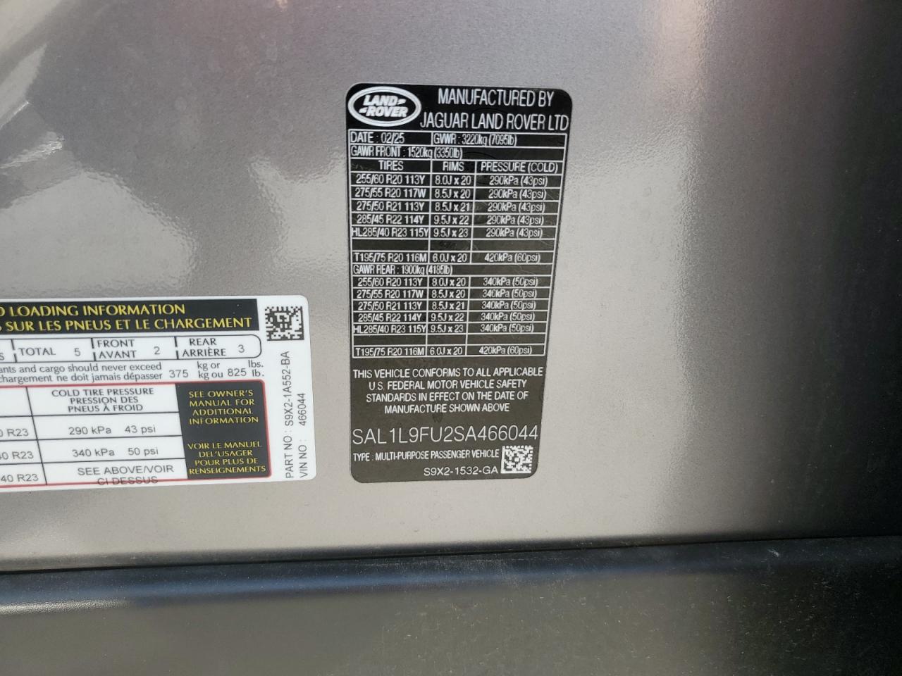 2025 Land Rover Range Rover Sport Dynamic Se VIN: SAL1L9FU2SA466044 Lot: 80168135