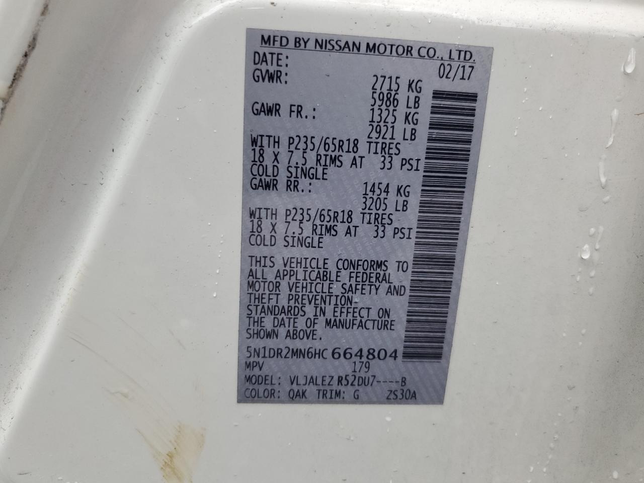 2017 Nissan Pathfinder S VIN: 5N1DR2MN6HC664804 Lot: 81280445