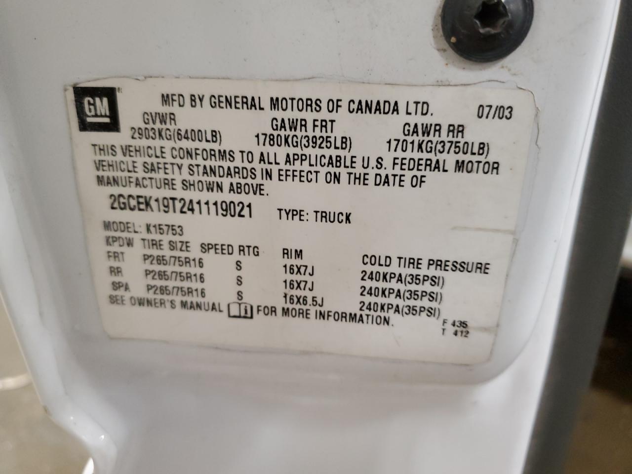 2004 Chevrolet Silverado K1500 VIN: 2GCEK19T241119021 Lot: 83985105