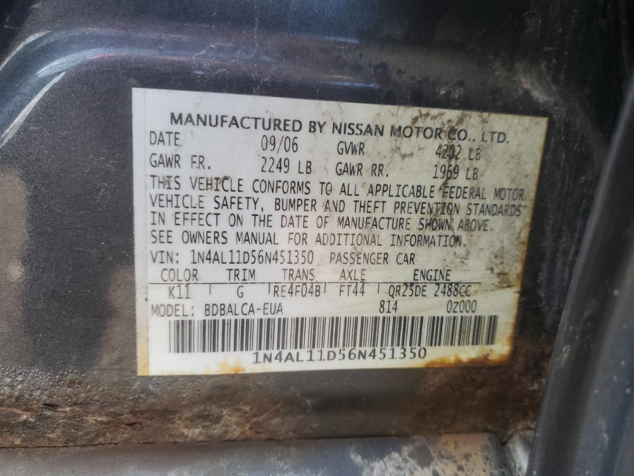 2006 Nissan Altima S VIN: 1N4AL11D56N451350 Lot: 81614075