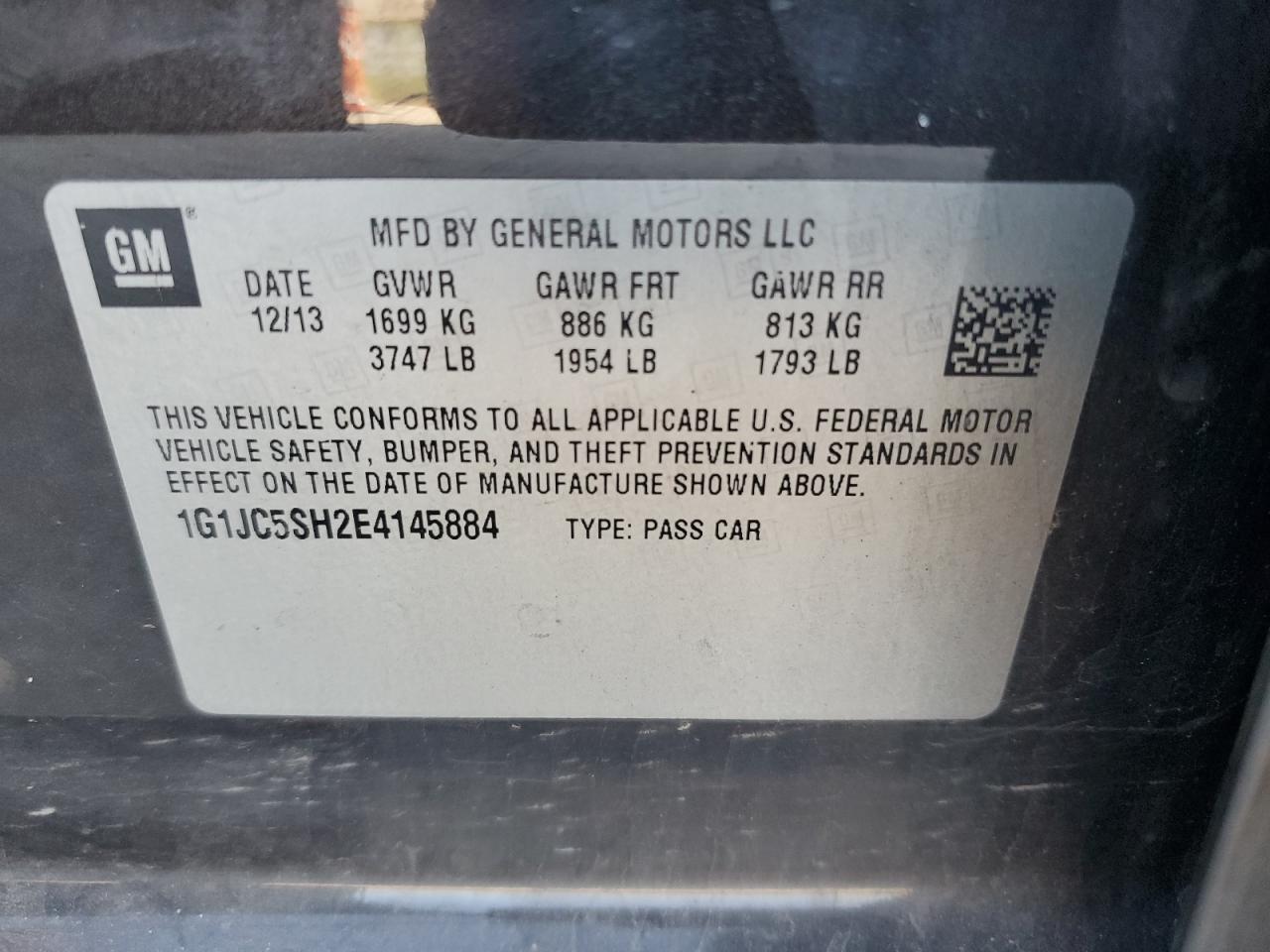 2014 Chevrolet Sonic Lt VIN: 1G1JC5SH2E4145884 Lot: 81365985