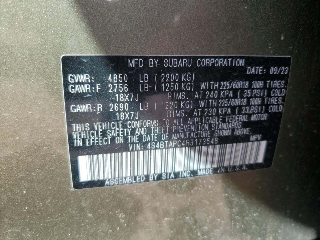 2024 Subaru Outback Touring VIN: 4S4BTAPC4R3173548 Lot: 71257725