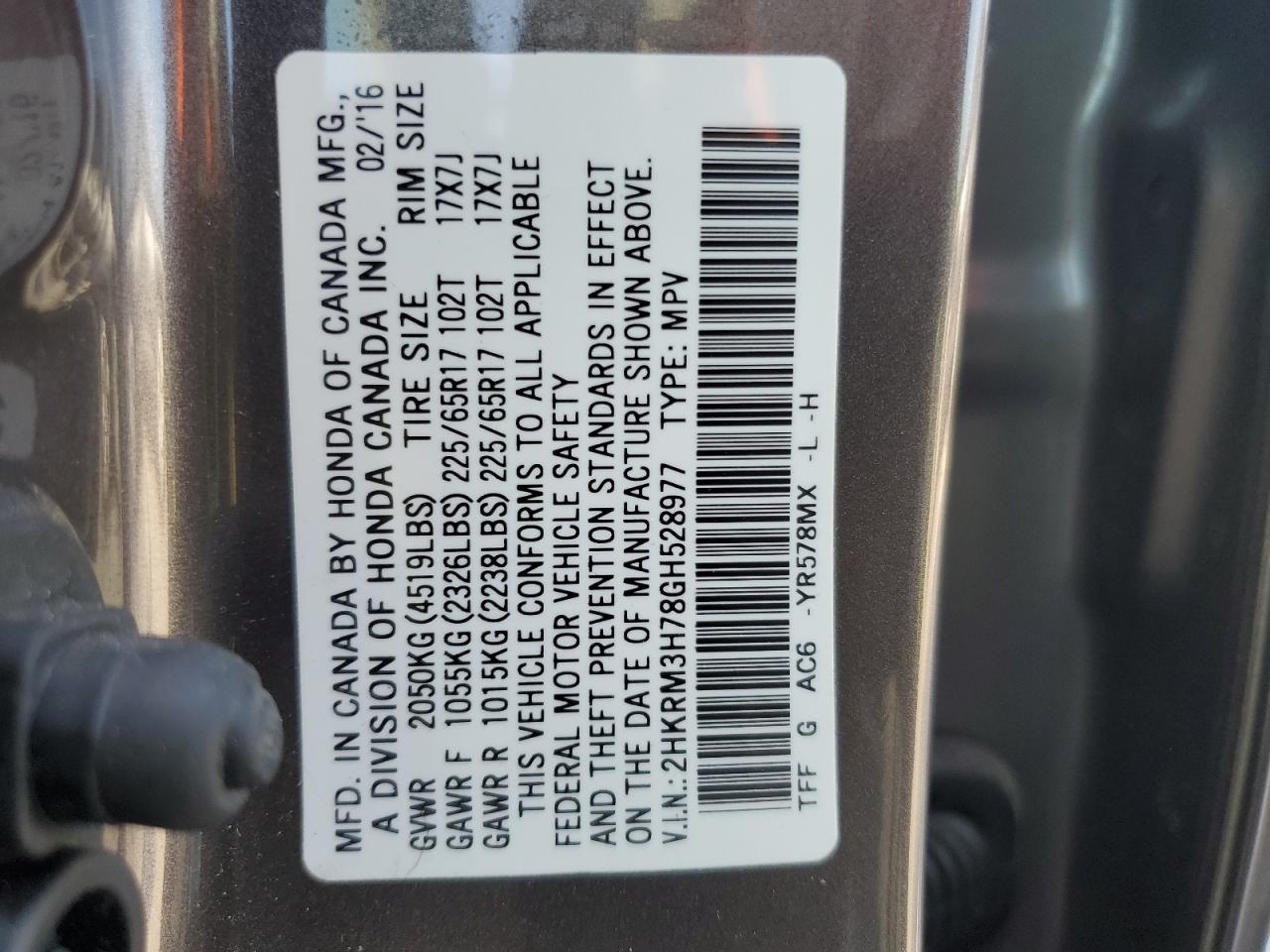 2016 Honda Cr-V Exl VIN: 2HKRM3H78GH528977 Lot: 81857245