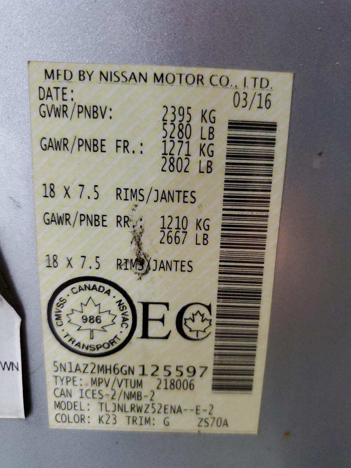 2016 Nissan Murano S VIN: 5N1AZ2MH6GN125597 Lot: 82078645