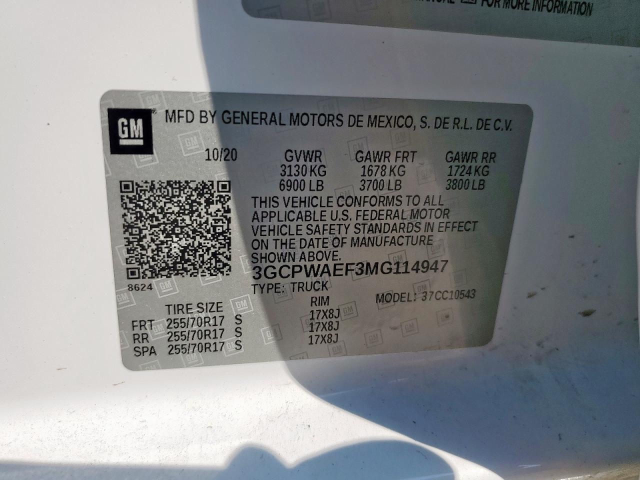 2021 Chevrolet Silverado C1500 VIN: 3GCPWAEF3MG114947 Lot: 81155105