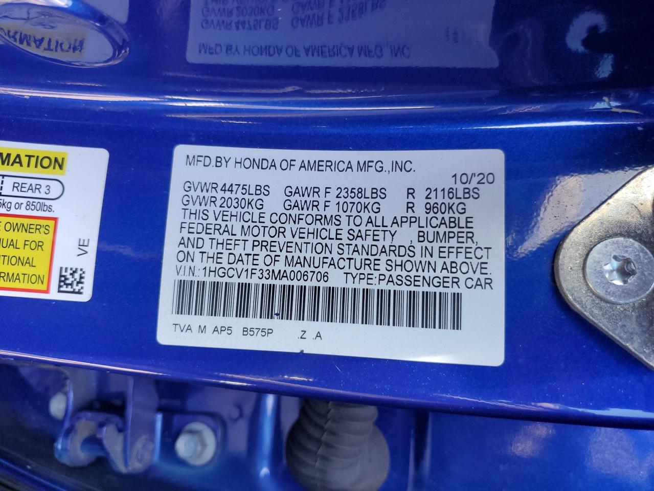 2021 Honda Accord Sport VIN: 1HGCV1F33MA006706 Lot: 80631065
