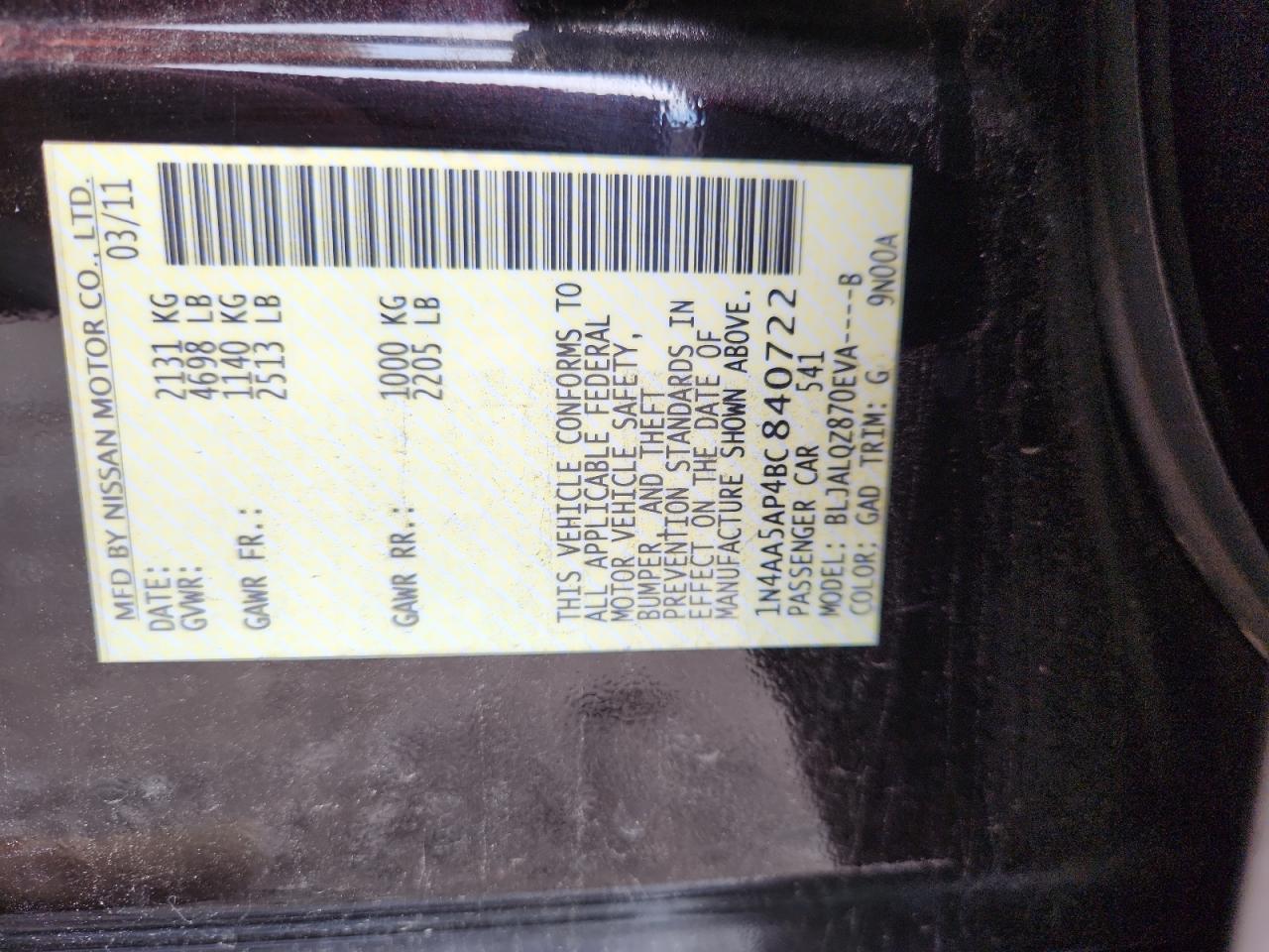 2011 Nissan Maxima S VIN: 1N4AA5AP4BC840722 Lot: 71160685