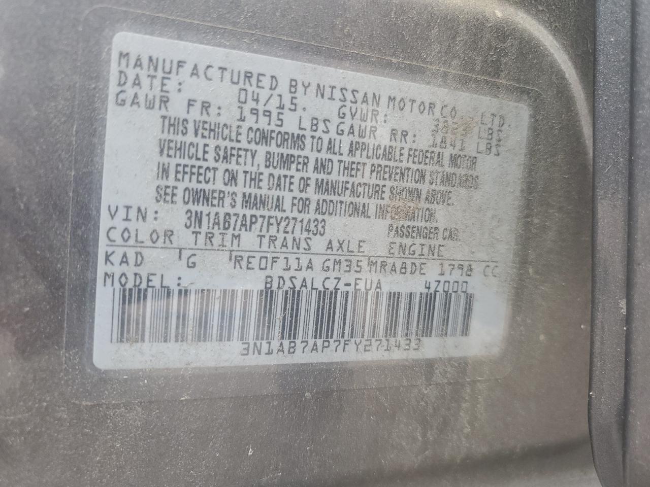 2015 Nissan Sentra S VIN: 3N1AB7AP7FY271433 Lot: 81254585