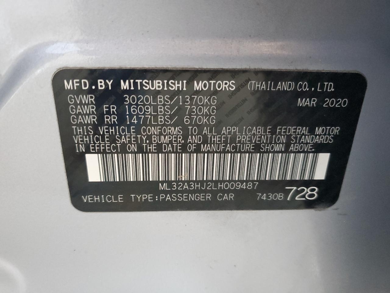 2020 Mitsubishi Mirage Es VIN: ML32A3HJ2LH009487 Lot: 71502875