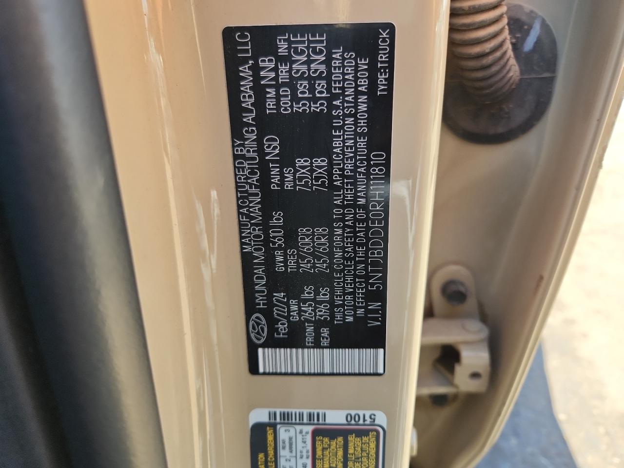 2024 Hyundai Santa Cruz Sel VIN: 5NTJBDDE0RH111810 Lot: 80141545