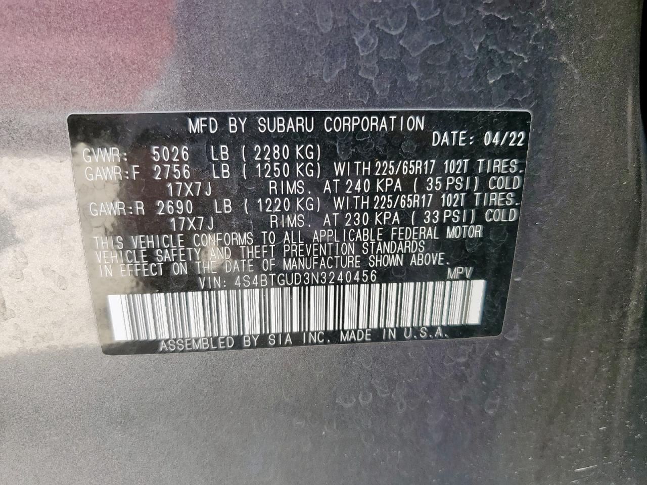 2022 Subaru Outback Wilderness VIN: 4S4BTGUD3N3240456 Lot: 80183555