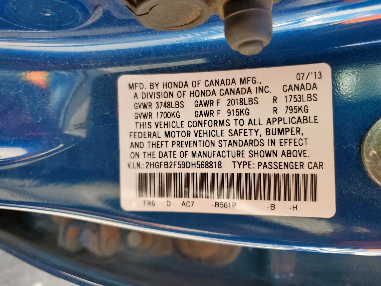 2013 Honda Civic Lx VIN: 2HGFB2F59DH568818 Lot: 80222405