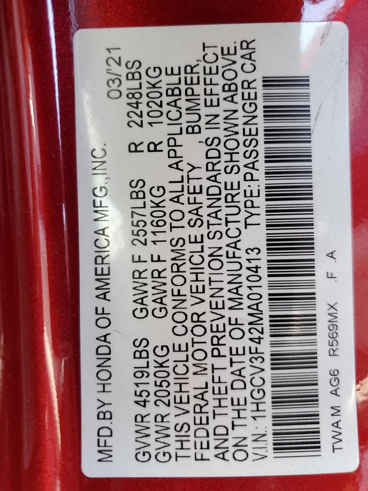 2021 Honda Accord Hybrid Ex VIN: 1HGCV3F42MA010413 Lot: 71565025