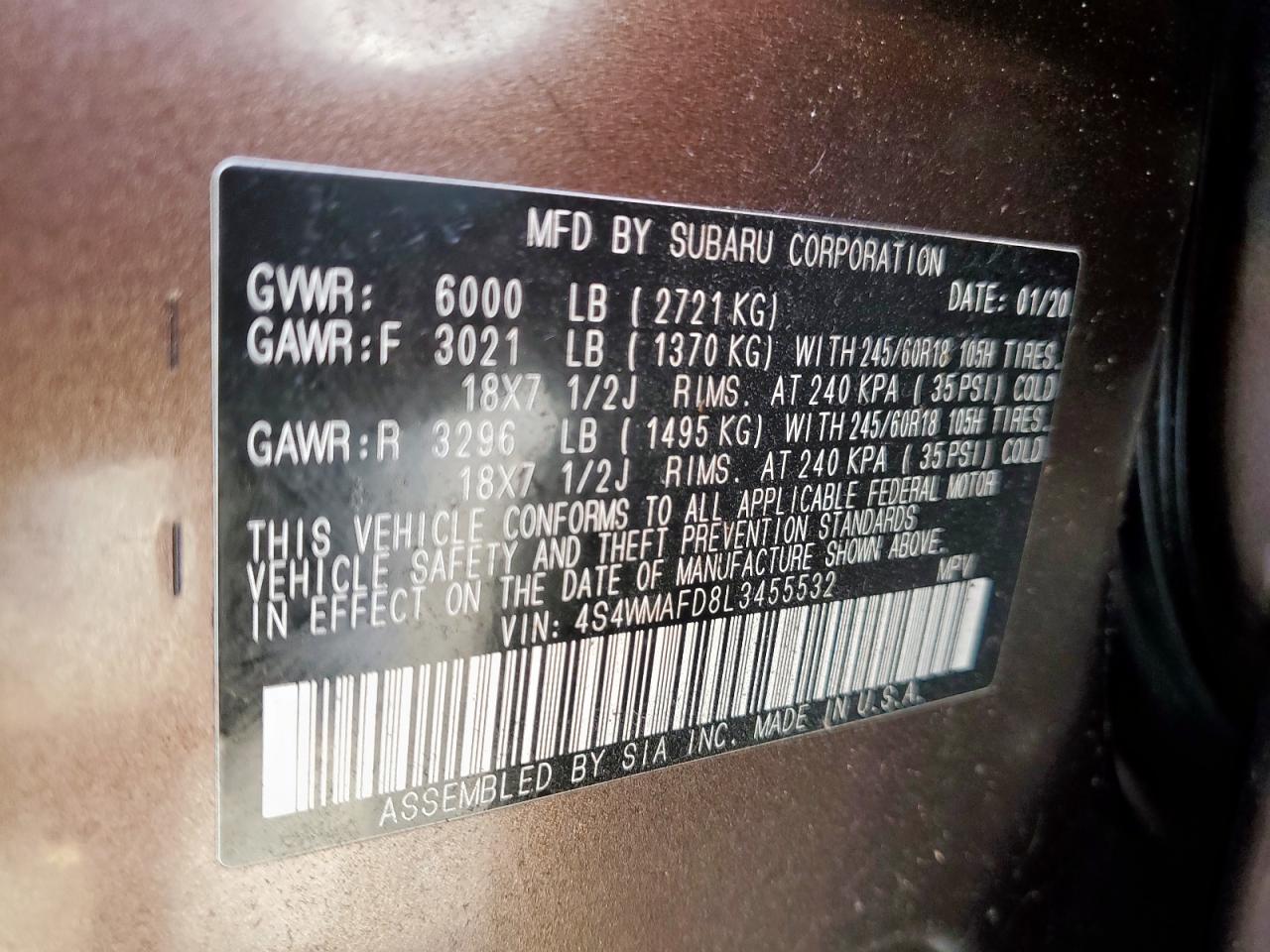 2020 Subaru Ascent Premium VIN: 4S4WMAFD8L3455532 Lot: 83866705