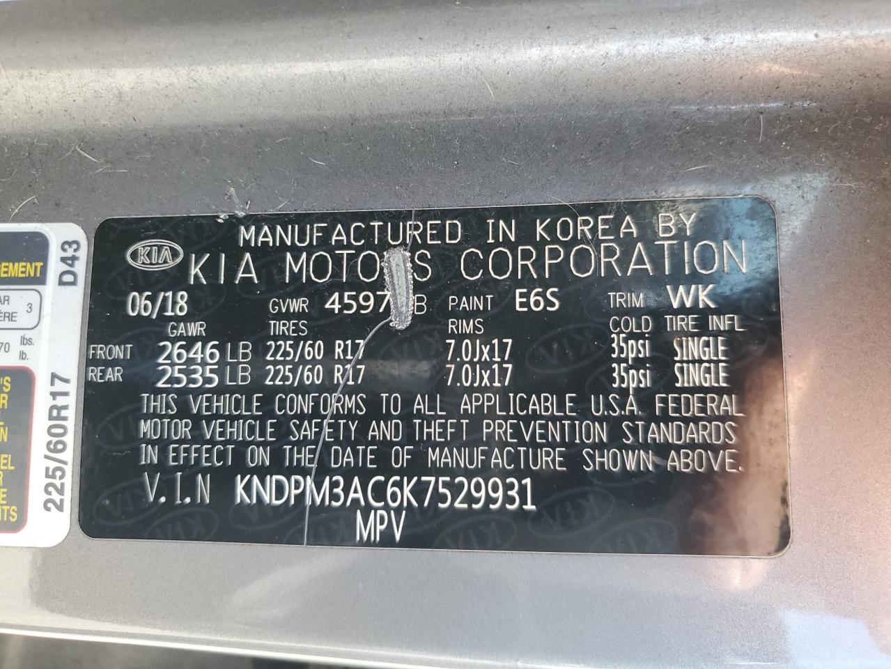 2019 Kia Sportage Lx VIN: KNDPM3AC6K7529931 Lot: 81478575