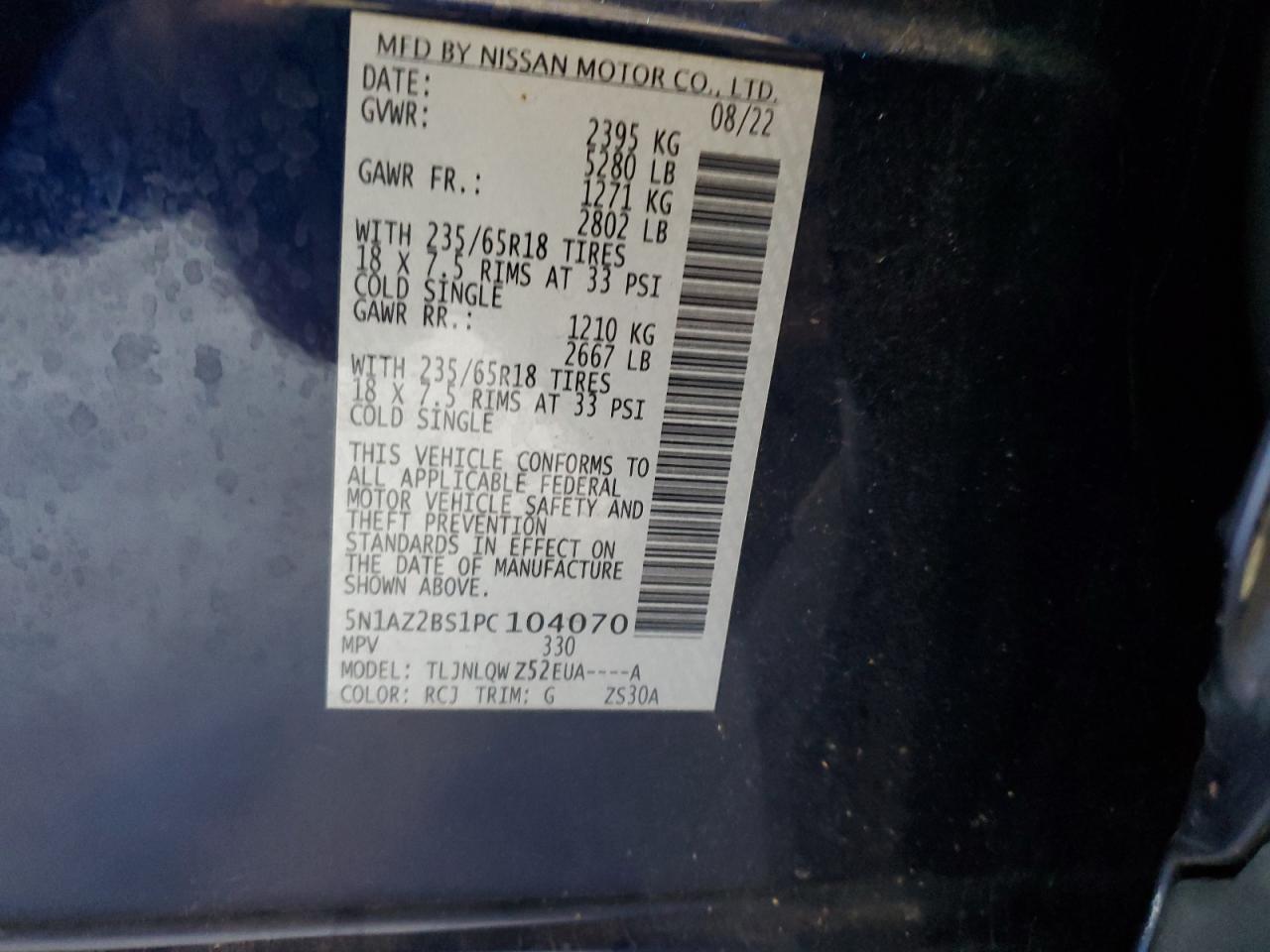 2023 Nissan Murano Sv VIN: 5N1AZ2BS1PC104070 Lot: 70352335