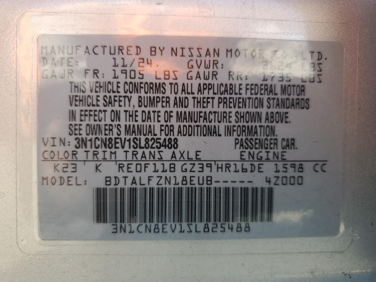 2025 Nissan Versa Sv VIN: 3N1CN8EV1SL825488 Lot: 80014965