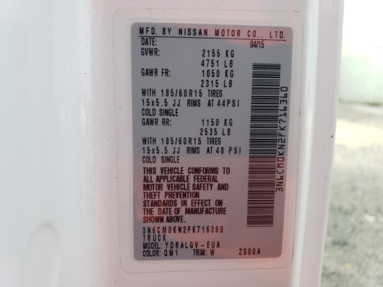 2015 Nissan Nv200 2.5S VIN: 3N6CM0KN2FK716360 Lot: 71272635