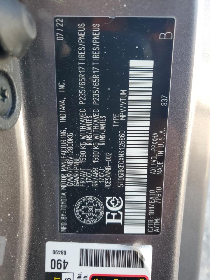 2022 Toyota Sienna Le VIN: 5TDGRKECXNS126860 Lot: 81116565