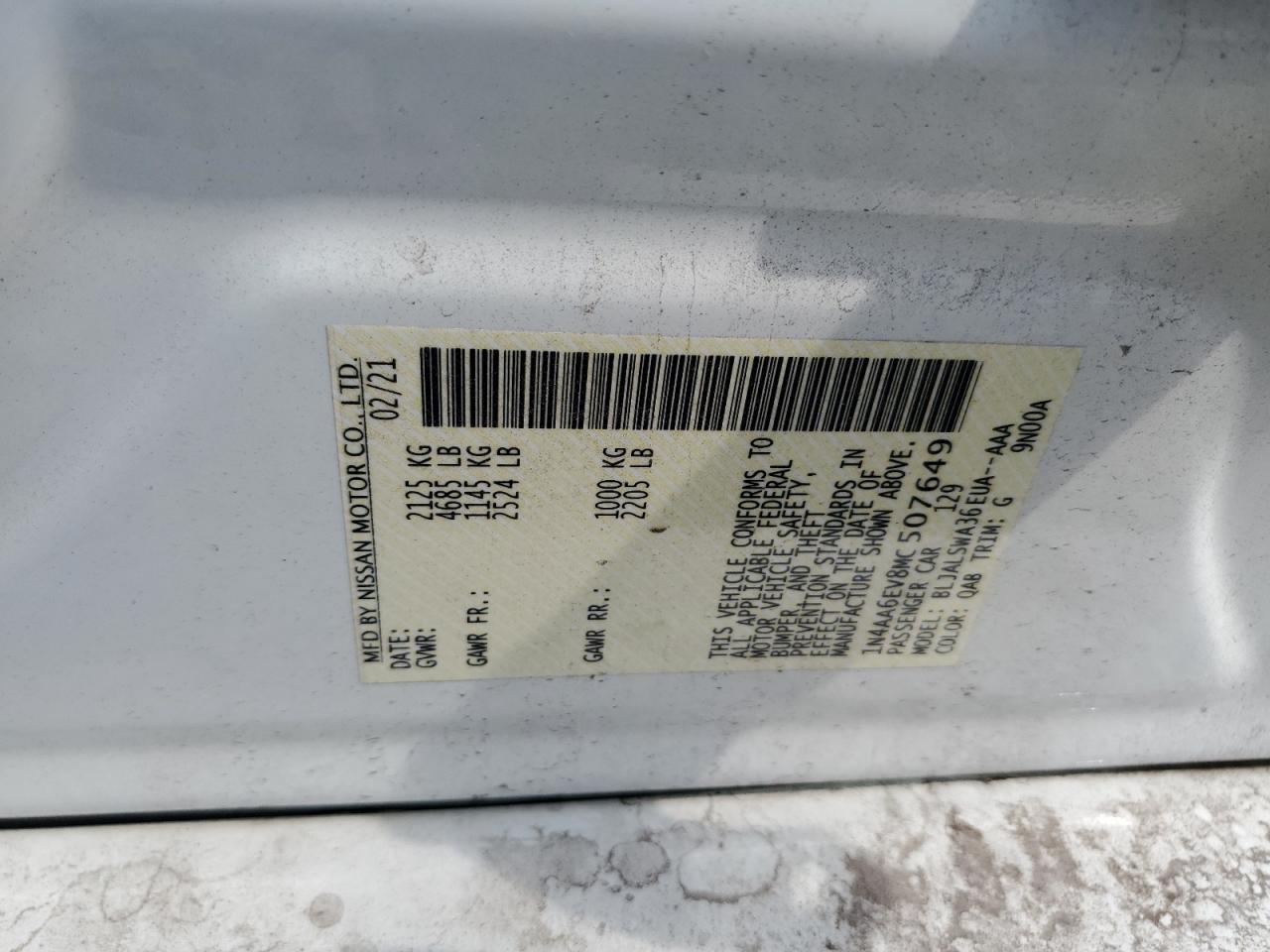 2021 Nissan Maxima Sr VIN: 1N4AA6EV8MC507649 Lot: 94992615