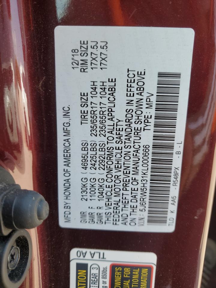 2019 Honda Cr-V Lx VIN: 5J6RW5H31KL000666 Lot: 80762155