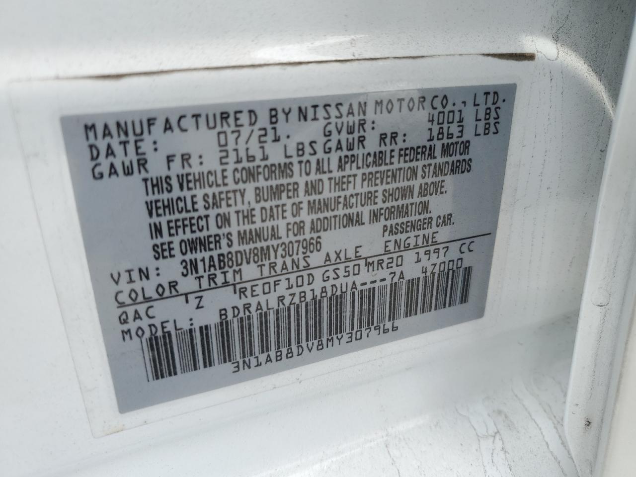 2021 Nissan Sentra Sr VIN: 3N1AB8DV8MY307966 Lot: 81255515