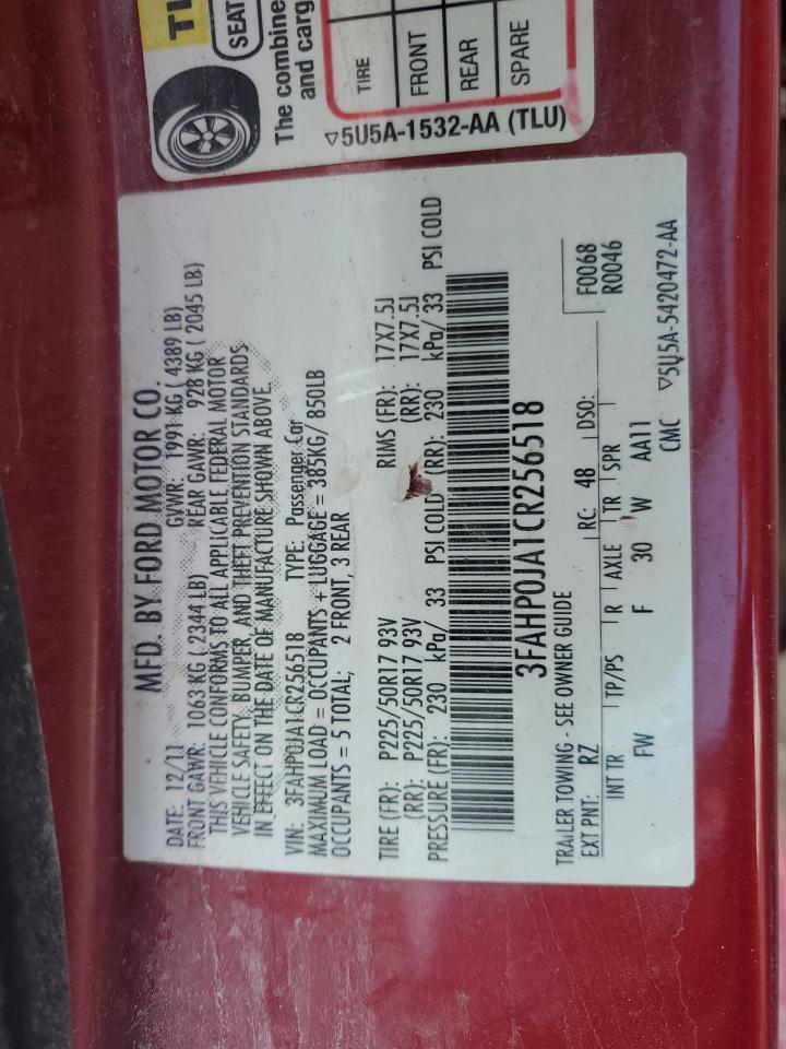 2012 Ford Fusion Sel VIN: 3FAHP0JA1CR256518 Lot: 81793205