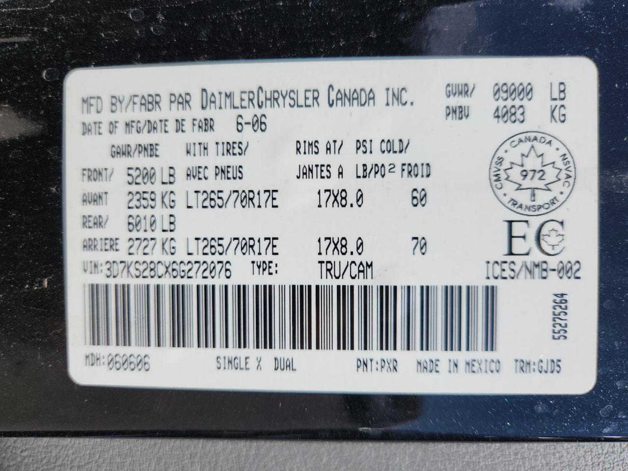 2006 Dodge Ram 2500 St VIN: 3D7KS28CX6G272076 Lot: 80404485