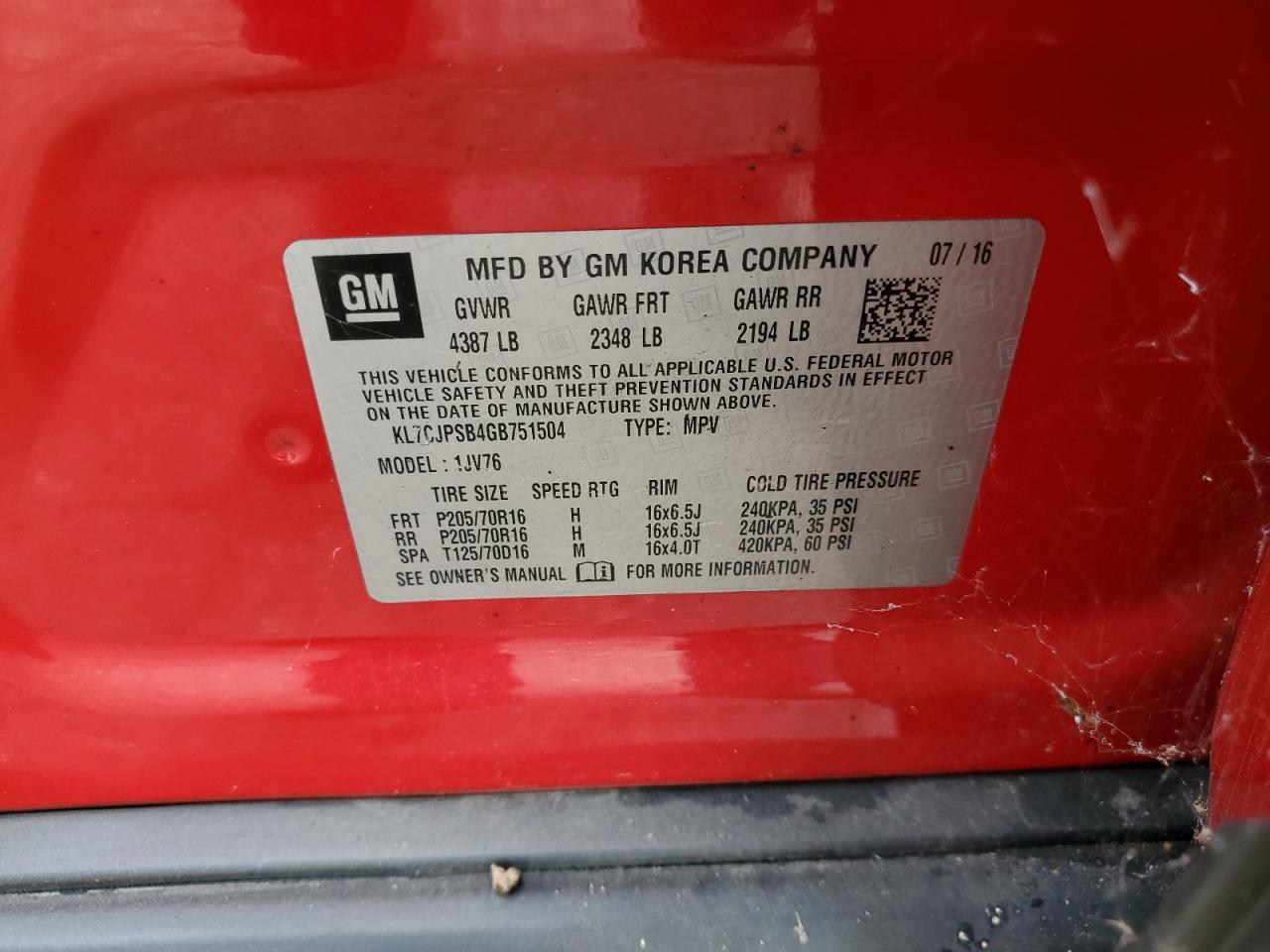 2016 Chevrolet Trax 1Lt VIN: KL7CJPSB4GB751504 Lot: 82018265