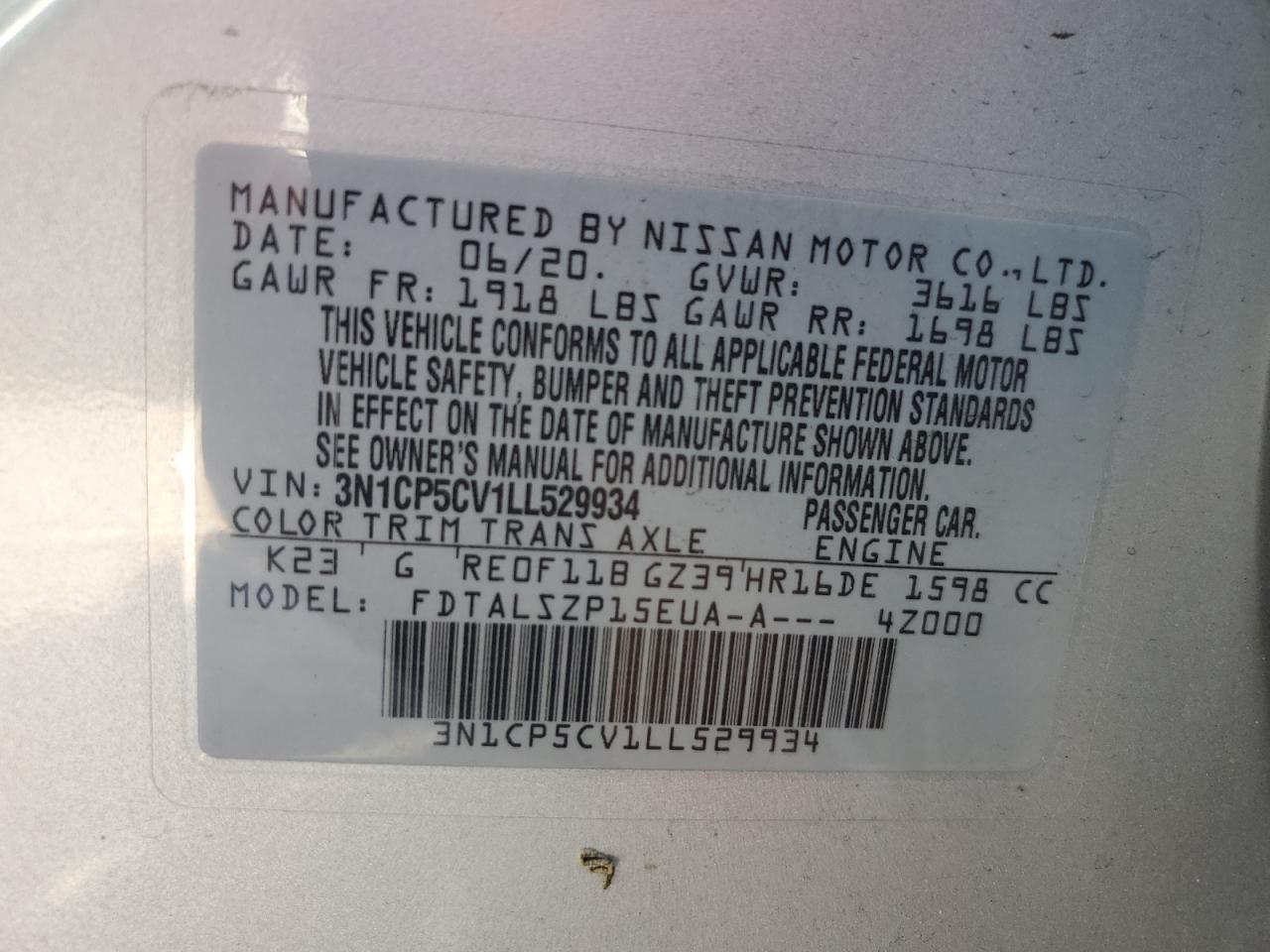 2020 Nissan Kicks Sv VIN: 3N1CP5CV1LL529934 Lot: 80396625