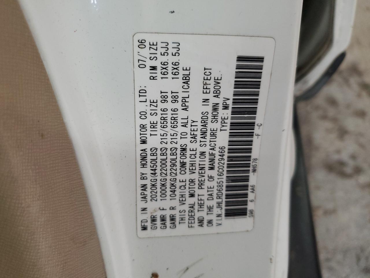 2006 Honda Cr-V Lx VIN: JHLRD68516C029466 Lot: 84060895