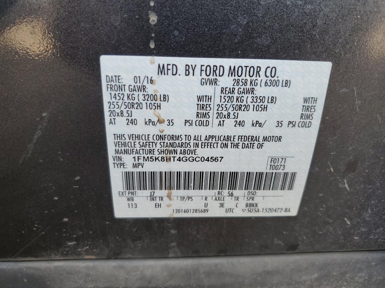 2016 Ford Explorer Platinum VIN: 1FM5K8HT4GGC04567 Lot: 81153315