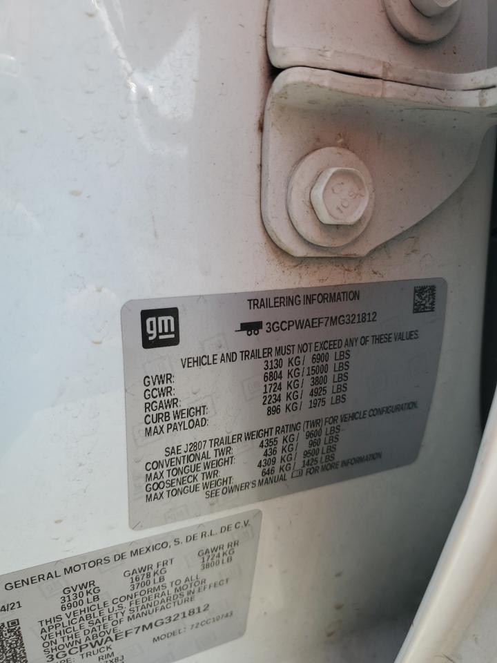 2021 Chevrolet Silverado C1500 VIN: 3GCPWAEF7MG321812 Lot: 70942605