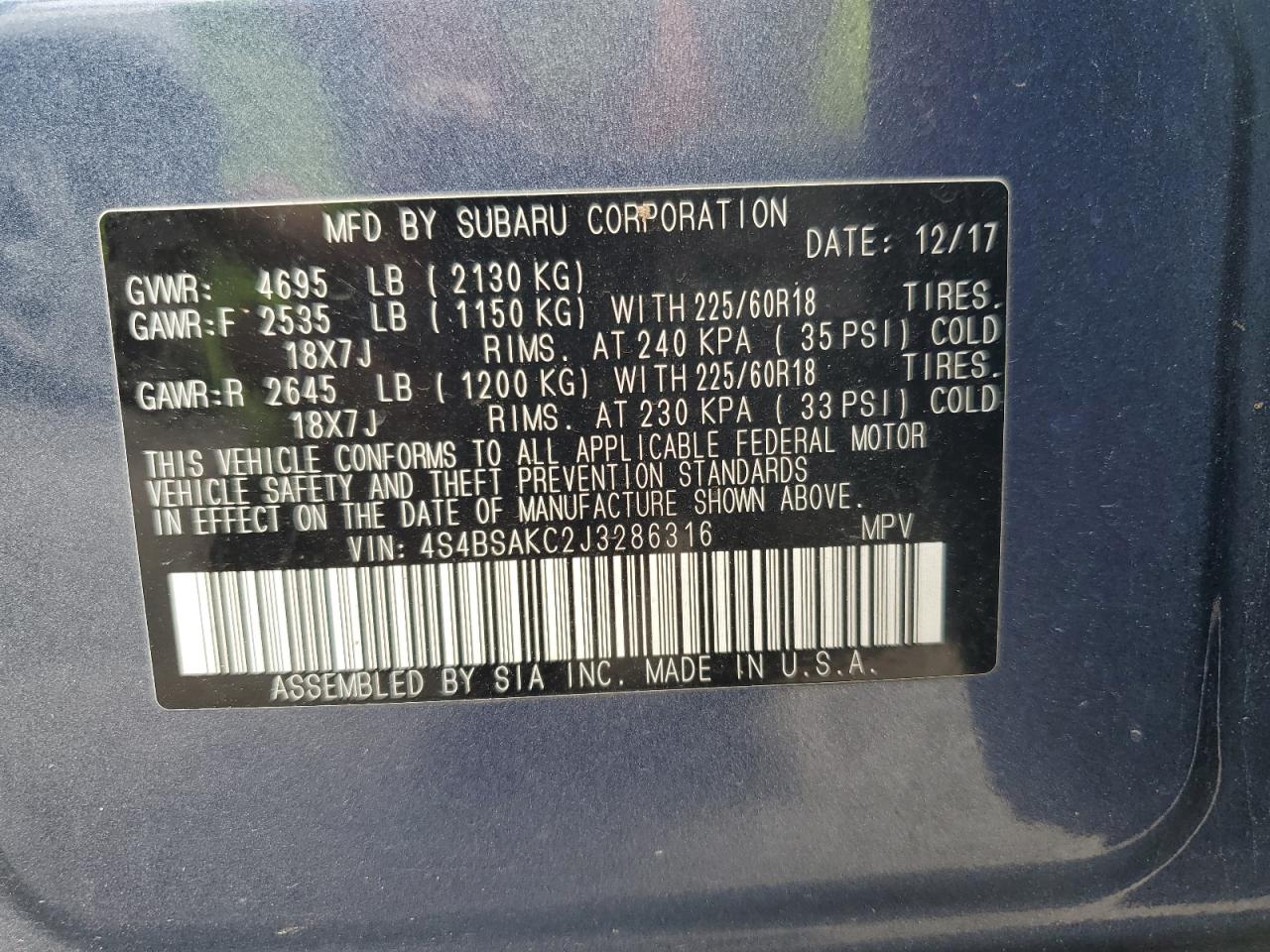 2018 Subaru Outback 2.5I Limited VIN: 4S4BSAKC2J3286316 Lot: 80465415