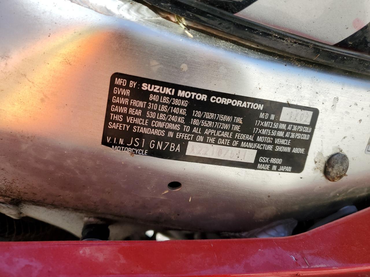 2002 Suzuki Gsx-R600 VIN: JS1GN7BAX22107511 Lot: 71104015