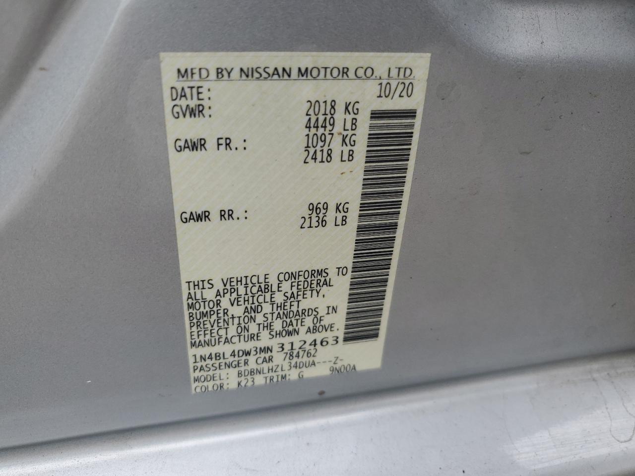 2021 Nissan Altima Sv VIN: 1N4BL4DW3MN312463 Lot: 81338245