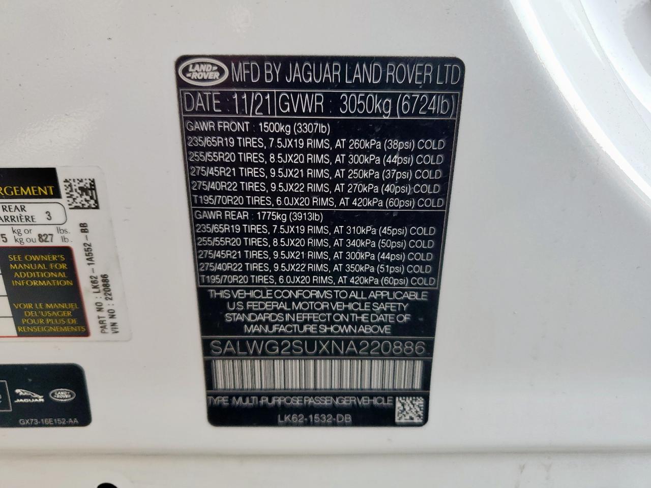 2022 Land Rover Range Rover Sport Se VIN: SALWG2SUXNA220886 Lot: 70360965