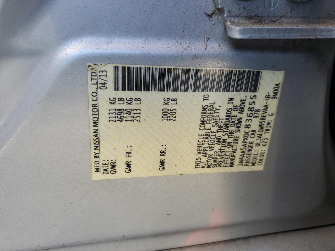 2013 Nissan Maxima S VIN: 1N4AA5APXDC836855 Lot: 80708605