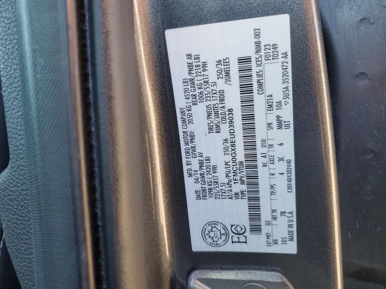 2014 Ford Escape Se VIN: 1FMCU0GX8EUD39038 Lot: 71193695