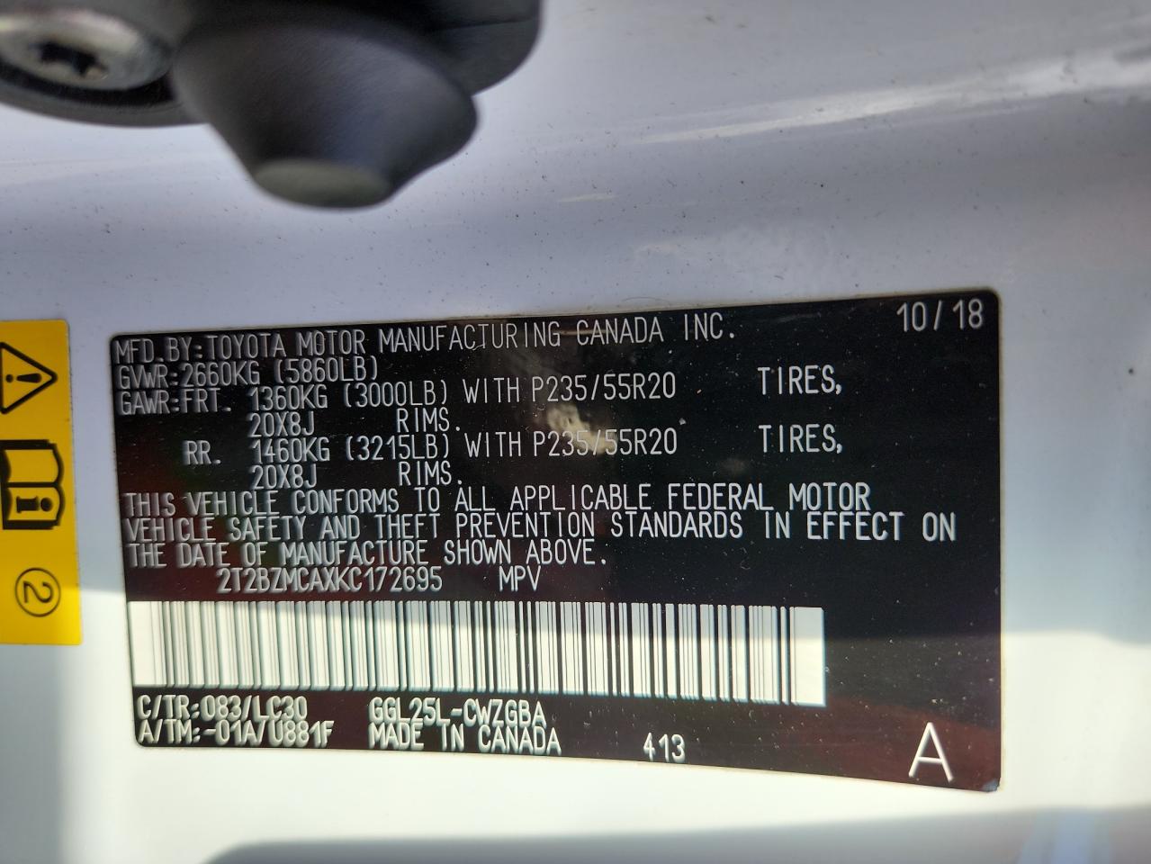 2019 Lexus Rx 350 Base VIN: 2T2BZMCAXKC172695 Lot: 81157375