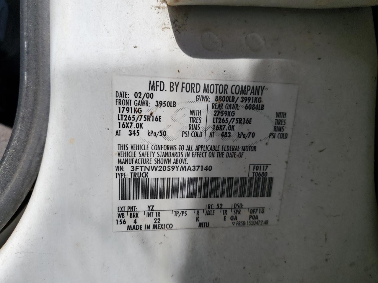 2000 Ford F250 Super Duty VIN: 3FTNW20S9YMA37140 Lot: 80355885