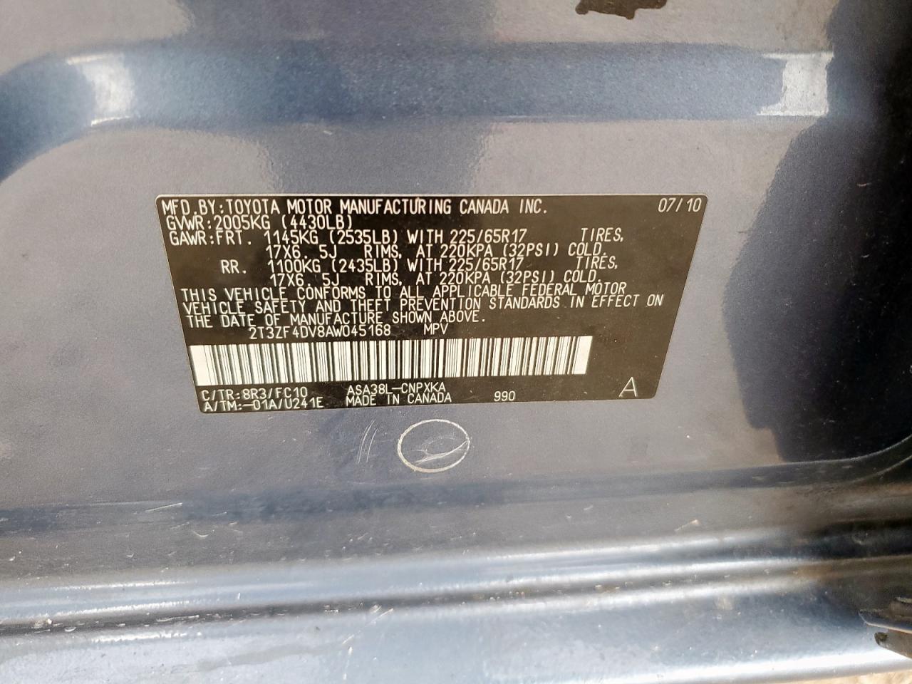 2010 Toyota Rav4 VIN: 2T3ZF4DV8AW045168 Lot: 84208235