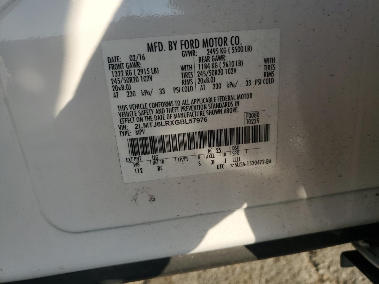 2016 Lincoln Mkx Reserve VIN: 2LMTJ6LRXGBL57976 Lot: 81083135