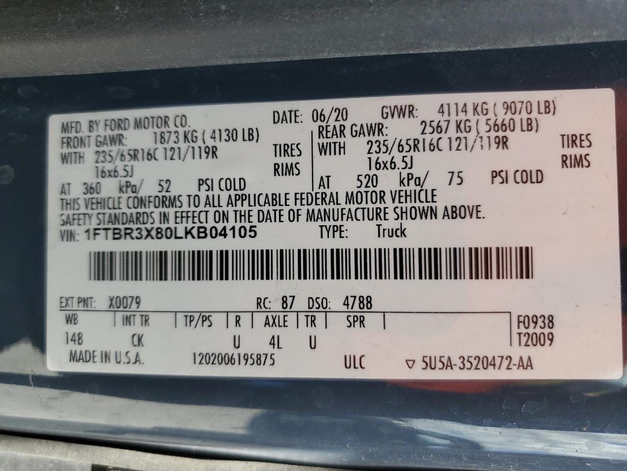 2020 Ford Transit T-250 VIN: 1FTBR3X80LKB04105 Lot: 84180935