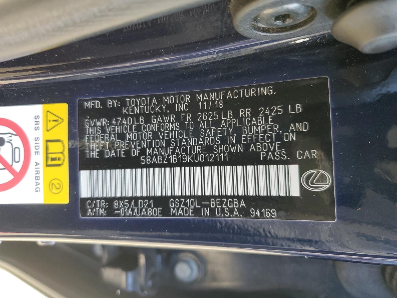 2019 Lexus Es 350 VIN: 58ABZ1B19KU012111 Lot: 80453095