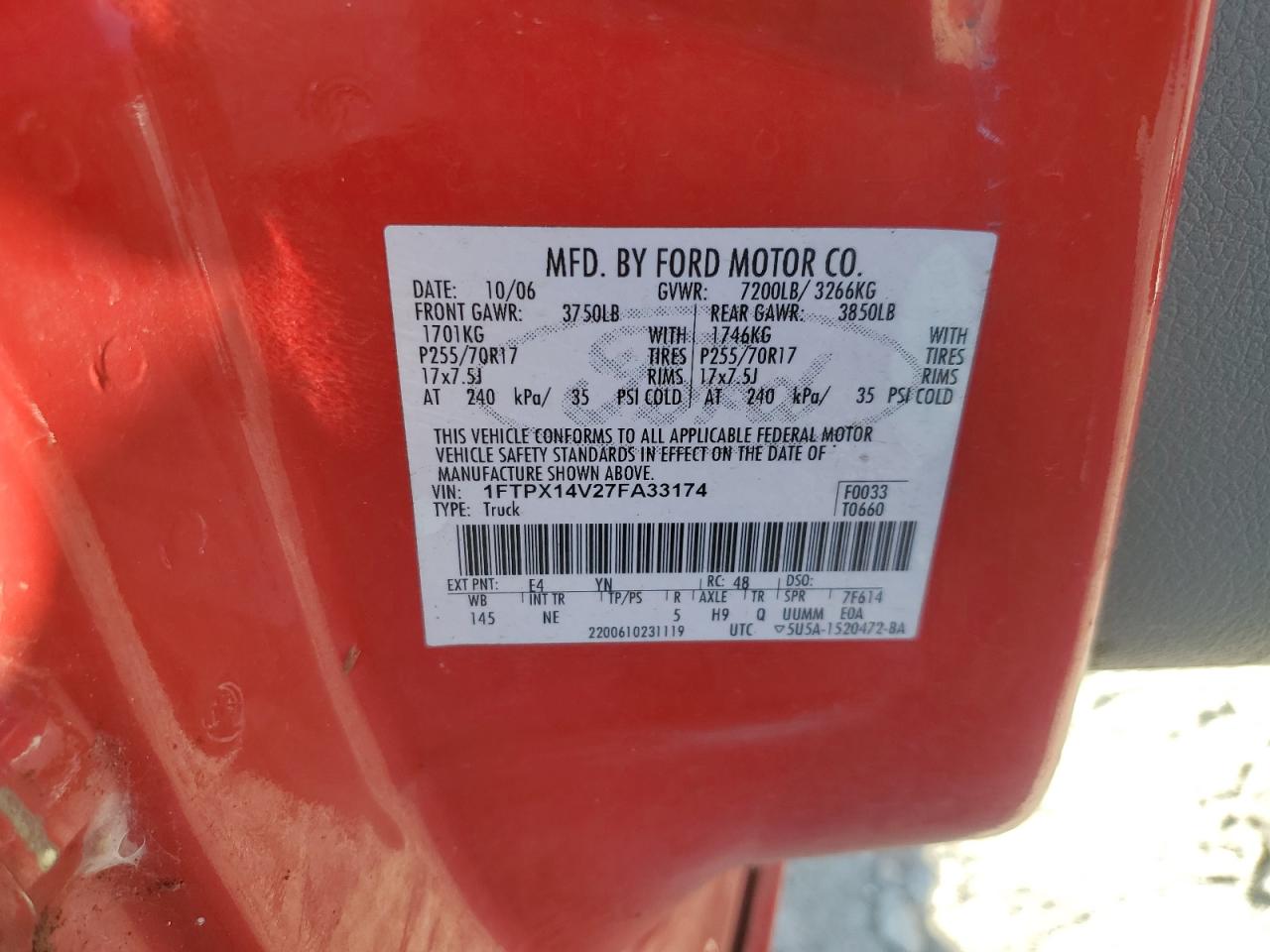 2007 Ford F150 VIN: 1FTPX14V27FA33174 Lot: 81856415